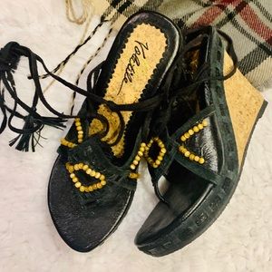 VOLATILE Black Leather Beaded Boho Wrap Sandals